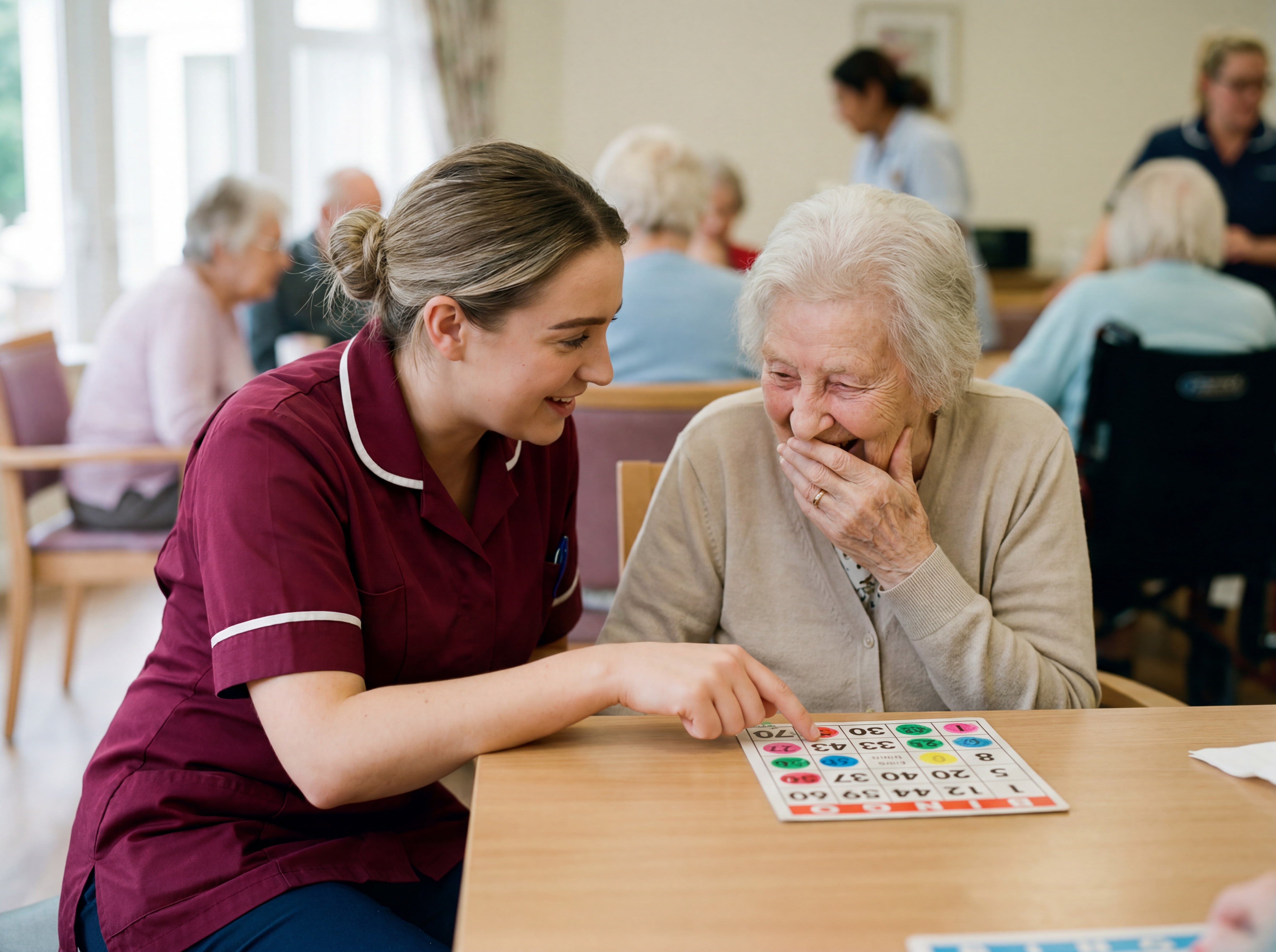 Companion sharing a warm moment with an elderly person